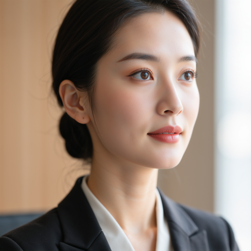 三十岁左右女性设计师头像,穿黑色职业装,浅色背景,专注工作表情,体现专业设计能力,柔和光线